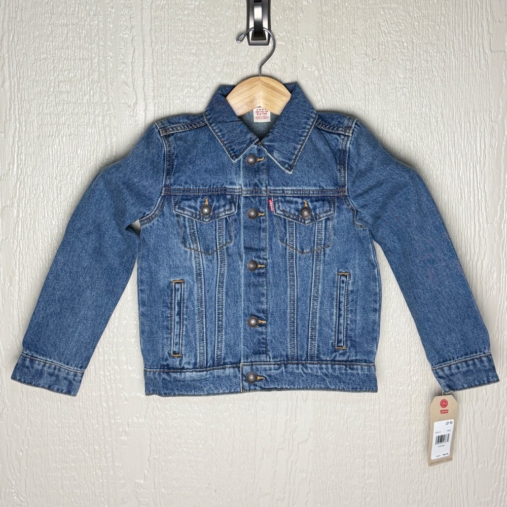 Levis Kids Denim Trucker Jacket Medium Wash American Flag Logo Blue 5-6 New